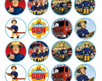 24-piece muffin topper set featuring Sam the Fireman, perfect for muffin decoration, suitable for parties, lactose-free, gluten-free, and vegan.