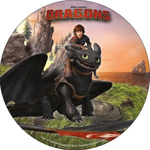 May include: Circular image from "How to Train Your Dragon" showing a young man riding a black dragon. The background features a rocky landscape, green grass, and the word "DRAGONS".