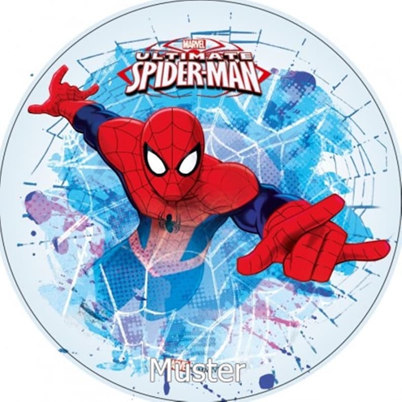 May include: A blue and white circular sticker with a red and blue cartoon image of Spiderman. The sticker has the text "MARVEL ULTIMATE SPIDER-MAN" and the word "Muster".