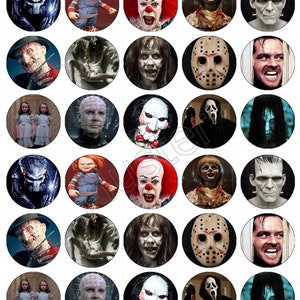 May include: A set of 36 round edible images featuring iconic horror movie characters. The images include Freddy Krueger, Jason Voorhees, Michael Myers, Chucky, Pennywise the Dancing Clown, and more. The images are perfect for decorating cakes, cupcakes, cookies, and other treats.