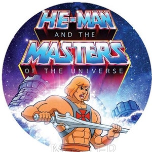 May include: He-Man and the Masters of the Universe logo with a cartoon image of He-Man holding his sword in front of a starry background.