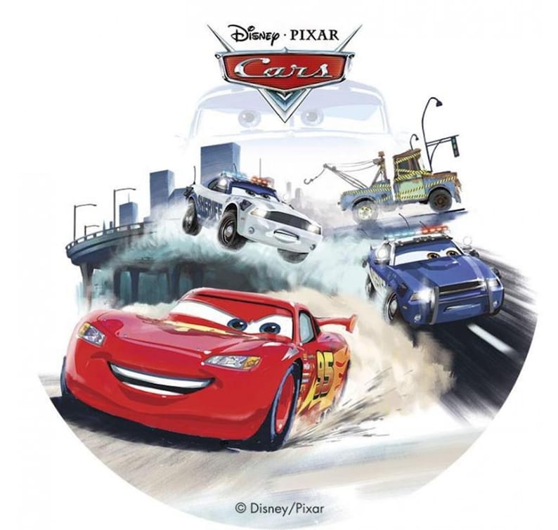May include: A colorful illustration featuring characters from Disney Pixar's Cars. Lightning McQueen, a red race car, is in the foreground, with other animated cars, including police cars and a tow truck, racing in the background. The Disney Pixar Cars logo is at the top.