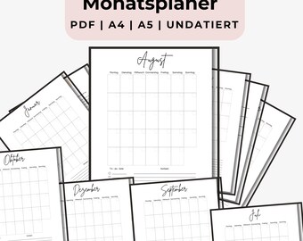 Monthly Planner PDF Printable | Undated A4/A5 | Yearly & Monthly Calendar | Digital
