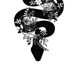 Digital Download Tattoo Style Snake in the Flowers