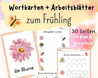 May include: A set of 30 printable worksheets and activity cards for preschool and kindergarten. The colorful illustrations feature spring-themed images like flowers, butterflies, and bees. The text on the cards reads "Wortkarten + Arbeitsblätter zum Frühling" and "17 Wortkarten 10 Arbeitsblätter Memory-Spiel".