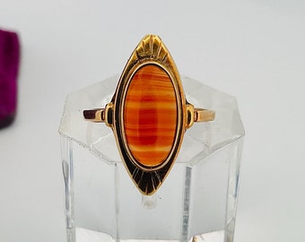 Antique 14k Yellow Gold Banded Agate Navette Ring - Size 4.25