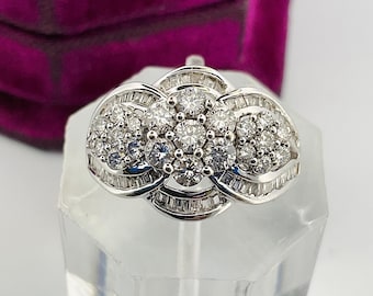10k White Gold Baguette and Round 1 ct Diamond Cluster Ring - Size 4.75