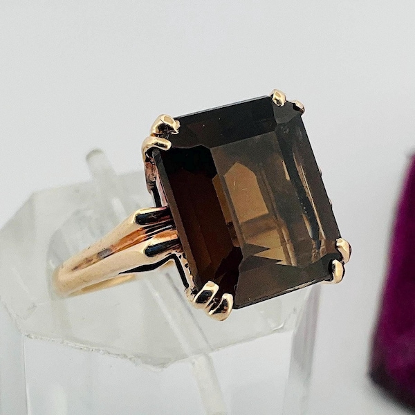 Vintage 10k Yellow Gold Smokey Quartz Emerald Cut Ring - Size 5.5 (MR25)
