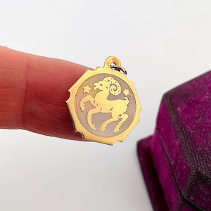 May include: A gold-coloured pendant featuring the Aries zodiac symbol. The octagonal pendant has a detailed ram illustration and star accents. The pendant is held up by a finger.