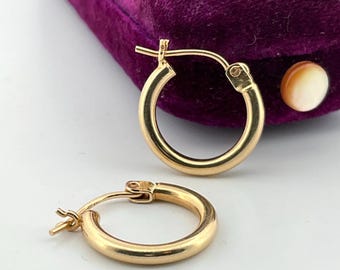 14mm Vintage Plain Gold Tube Hoop Earrings 14k Yellow Gold (G)