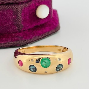 Vintage 14k Yellow Gold Nature Ruby Sapphire Emerald Diamond Flush Set Ring - Size 6.75