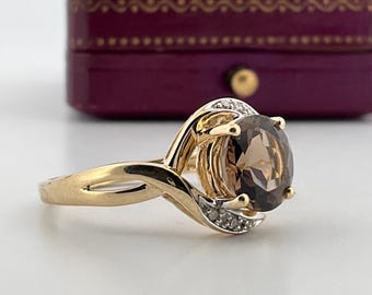 Vintage Smokey Quartz Diamond Ring 10k Yellow Gold (G)
