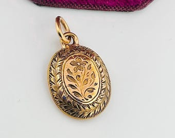 Antique 9k Yellow Gold Small Oval Flower Pendant