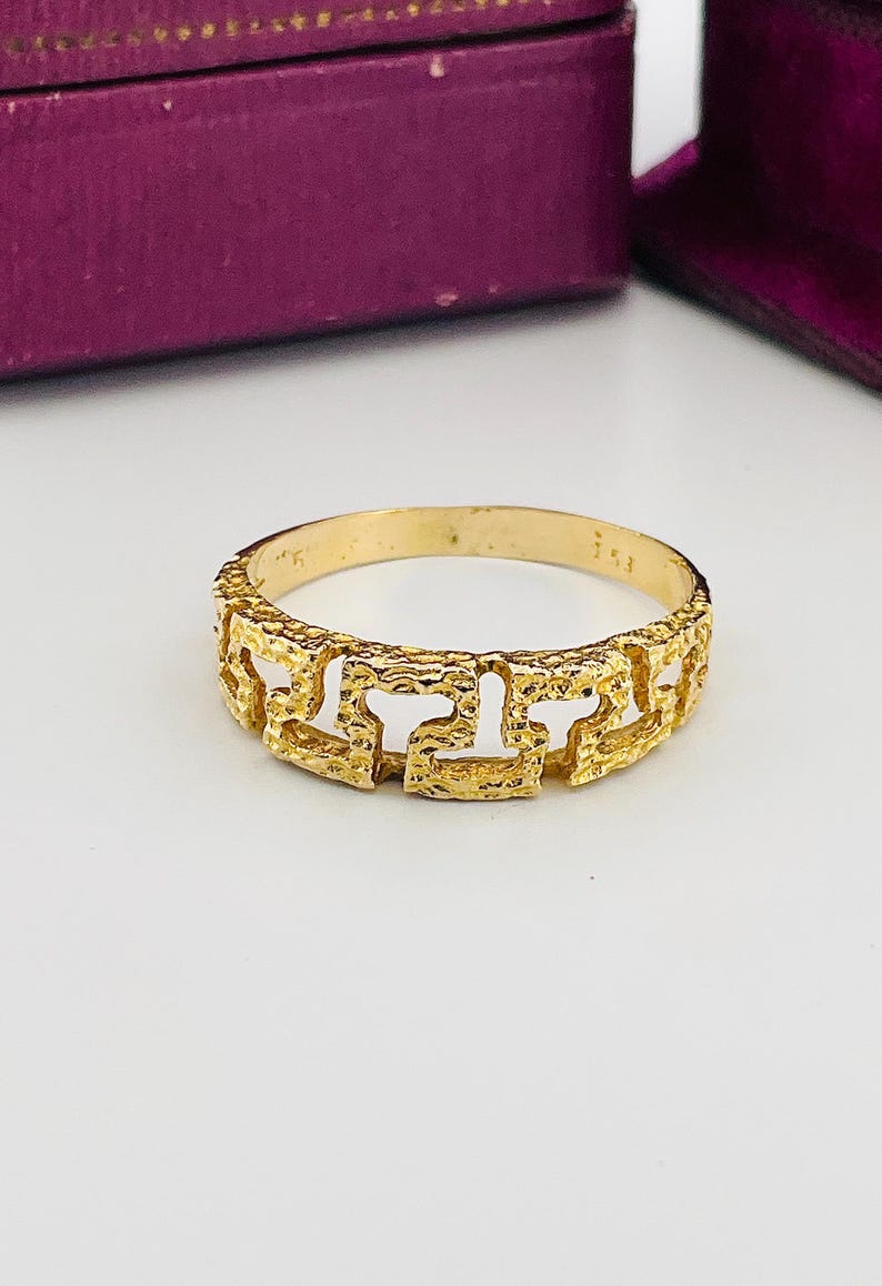 Vintage Mid Century Modern 14k Yellow Gold Geometric Textured Band Ring