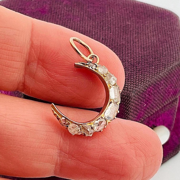 Antique Rose Cut Table Cut Diamond Crescent Waxing Moon 14k Yellow Gold