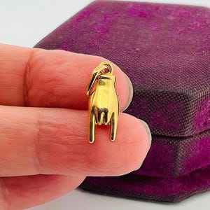 May include: A gold-toned metal charm shaped like a hand making the rock and roll sign, featuring a small circular loop at the top for attachment. The charm has a smooth, polished finish and is depicted in a vertical orientation with the fingers pointing down.