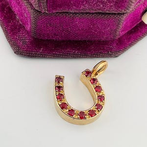 Peut inclure: Pendentif en forme de fer à cheval doré, orné de pierres rouges. Il repose sur une surface blanche, avec un écrin en velours violet en arrière-plan. Le fer à cheval est un symbole de chance.