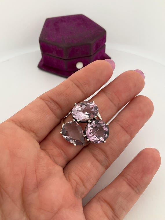 Anello Vintage Con Ametista Naturale - Argento Regolabile, Gioiello Artigianale In Pietra Luna E Quarzo Rosa