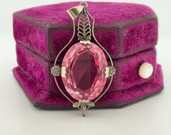 Art Deco Antique Pink Glass Pendant 10k White Gold (G)
