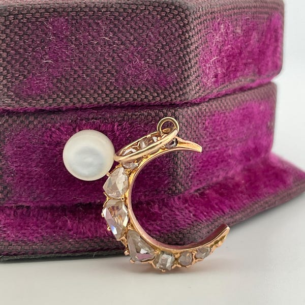 Antique Rose Cut Diamond Crescent Waning Moon 14k Yellow Gold