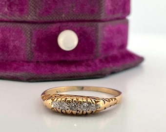 Antique 18k Yellow Gold Old Mine Cut Diamond Ring 5 Stone