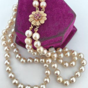 Vintage Double Strand Genuine Pearl Necklace Choker Ruby Clasp 14k