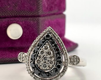 Vintage Black And White Diamond Pear Shape Ring Sterling Silver