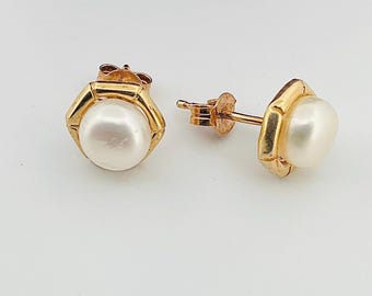 Cute Vintage Genuine Button Pearl Stud Earrings 10k Yellow Gold (MR15)