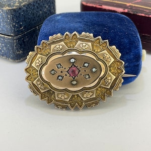 Victorian Pearl Ruby Paste Locket Back Brooch (G)