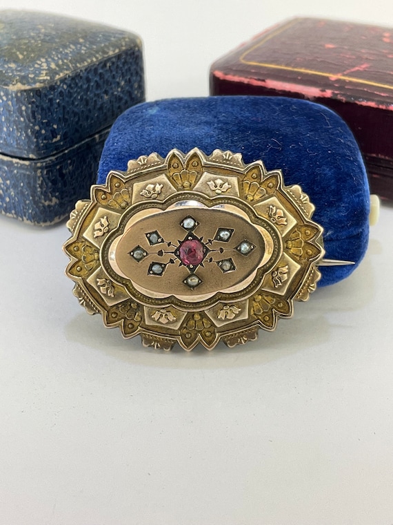 Victorian Pearl Ruby Paste Locket Back Brooch (G) - image 1