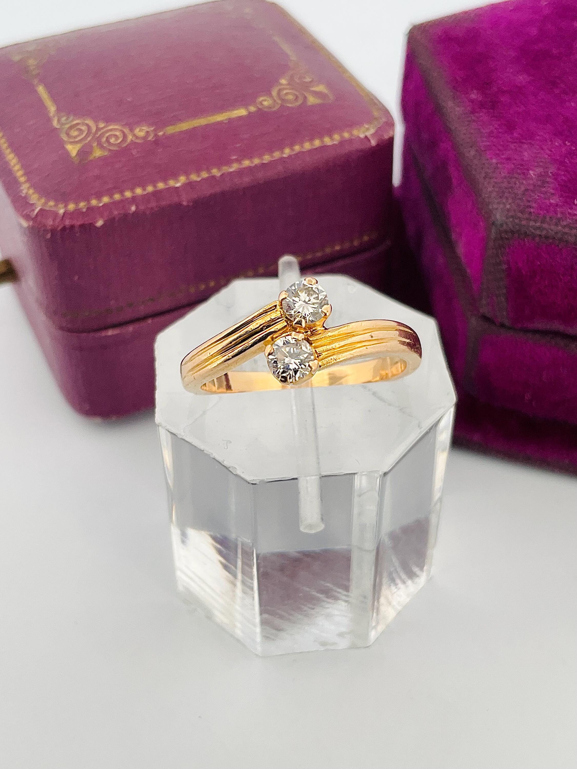 Anillo Toi et Moi vintage de oro amarillo de 18 k con diamantes de 0,26 ct, talla 6 (JA15)