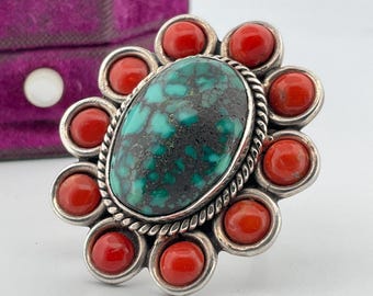 Vintage Turquoise Coral Ring Sterling Silver