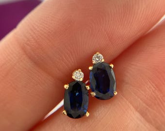 Vintage 14k Yellow Gold Natural Sapphire Diamond Stud Earrings (AU34)