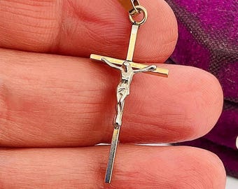 Solid 10k Two-Tone Gold Cross Pendant - INRI Crucifix, 1.39 Inch Handmade In USA - View #5