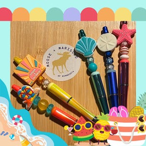 5 Beach Vibes Beaded Pens-Flip Flops, Sunshine, Shells, Starfish, and Sand Dollar-Gift Set
