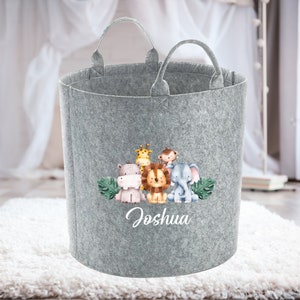Personalisierter Safari-Dschungel-Spielzeug-Aufbewahrungskorb, Kinderspielzeugtasche, Kinderspielzeugkiste, Babygeschenk, Geburtstagsgeschenk, Giraffe, Elefant, Affe