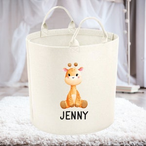 Personalisierter Giraffen-Safari-Themed Spielzeug-Aufbewahrungskorb, weiche weiße Kinderspielzeugtasche, Kinderspielzeugkiste, Babygeschenk, Geburtstagsgeschenk, Savanna-Tiere