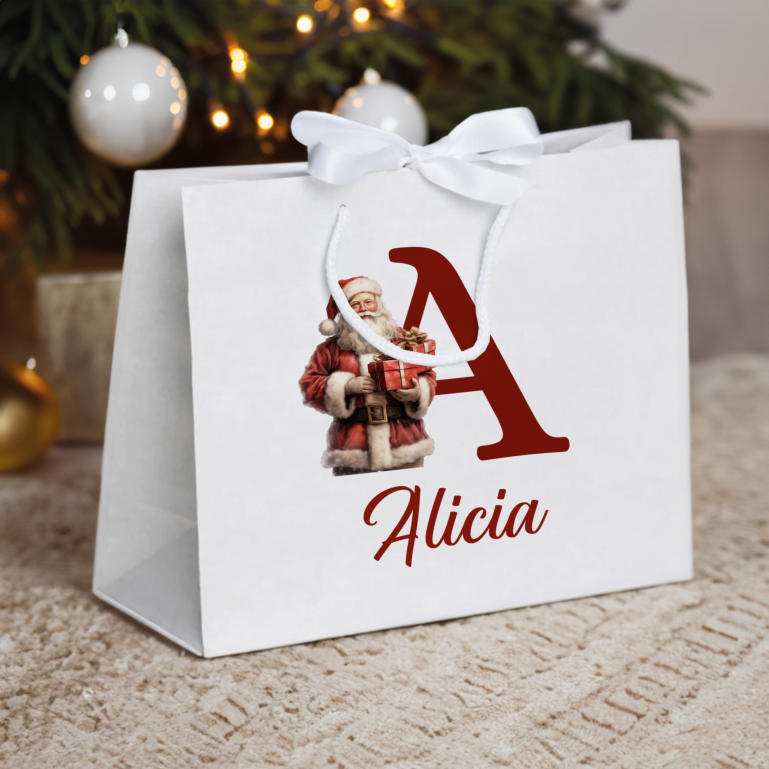 Personalised Christmas Gift Bag Father Christmas Gift Bag Christmas Party Bag Santa Bag White Gift Bag With Rope Handles Bow Ribbon Bag Etsy
