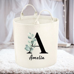 Personalisierter Spielzeugablagekorb, Name Eukalyptusblumen-Initialen Spielzeugkiste, Babypartygeschenk, Spielzeugwanne, Babygeschenk, Kinderzimmerdekoration