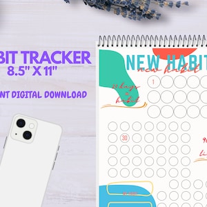 Puede incluir: Un rastreador de hábitos imprimible con formas abstractas coloridas y el texto "NEW HABIT" y "90 días = estilo de vida". El rastreador está diseñado para ayudarte a crear nuevos hábitos en 21, 30, 60 y 90 días.