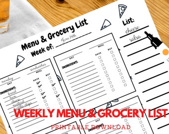Wekelijks dinermenu en boodschappenlijst, direct afdrukbare download, maaltijdboodschappenlijst, receptenlijst met nietjes, ingrediënten, maaltijdplan