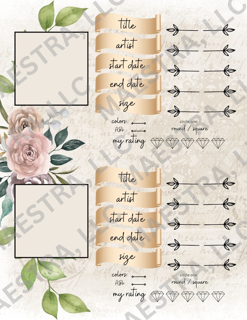 Diamond Art Journal 18,5 cm x 23,5 cm, diamantmålning med vintageblommor, planerare, scrapbooksidor, digitalt utskrivbart, nedladdningsbart, logg, DAC-tillbehör bild 4