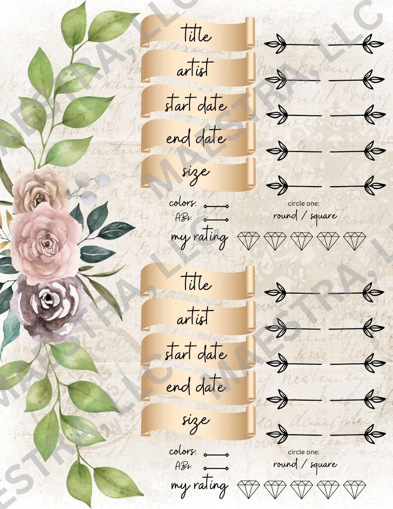 Diamond Art Journal 18,5 cm x 23,5 cm, diamantmålning med vintageblommor, planerare, scrapbooksidor, digitalt utskrivbart, nedladdningsbart, logg, DAC-tillbehör bild 5