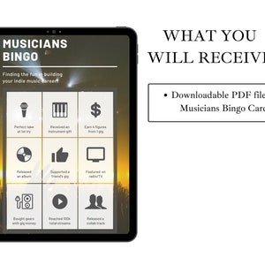 May include: A tablet screen displaying a Musicians Bingo card with nine squares. Each square contains a different goal for musicians, such as "Perfect take at 1st try" and "Released an album". The text "WHAT YOU WILL RECEIVE: Downloadable PDF file of Musicians Bingo Card" is displayed on the right side of the image.
