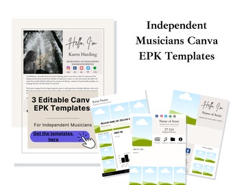 May include: Three editable Canva EPK templates for independent musicians. The templates feature a blue button with the text "Get the templates here" and a hand pointing to the button. The templates also feature a green and blue landscape with clouds and the text "Hello, I'm [Name of Artist]" in cursive.