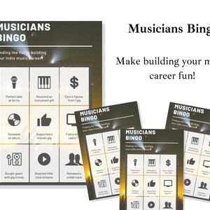 May include: A Musicians Bingo card with a yellow and brown background. The card has nine squares with different activities for musicians to complete. The activities include: perfect take at 1st try, received an instrument gift, earn &pound;4,000 from 1 gig, released an album, supported a friend's gig, featured on radio/TV, bought equipment with gig money, reached 100,000 total streams, and released a collaboration track.