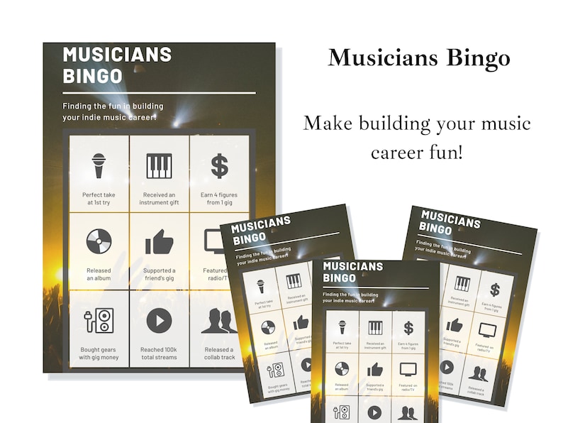 May include: A Musicians Bingo card with a yellow and brown background. The card has nine squares with different activities for musicians to complete. The activities include: perfect take at 1st try, received an instrument gift, earn &pound;4,000 from 1 gig, released an album, supported a friend's gig, featured on radio/TV, bought equipment with gig money, reached 100,000 total streams, and released a collaboration track.