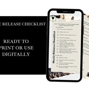 May include: A checklist for music release tasks, with a black background and white text. The checklist is divided into two sections: 4-6 weeks prior and 2 weeks prior. Each section has a list of tasks to complete, such as setting up music distribution, designing cover art, organising promo photos, writing a press release, and submitting to blogs and podcasts.