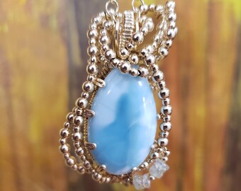 14K GF Wire Wrapped Larimar with Aquamarine Pendant Necklace
