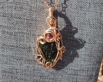 14K Rose Gold Filled Wire Wrapped Moldavite and Tanzanian Zircon Pendant Necklace モルダバイト ジルコン ネックレス